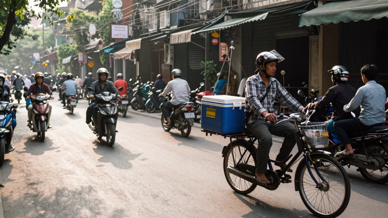 Morning Commute in Hanoi Vietnam with Motorbike and Street Vendor in in Hanoi, Vietnam