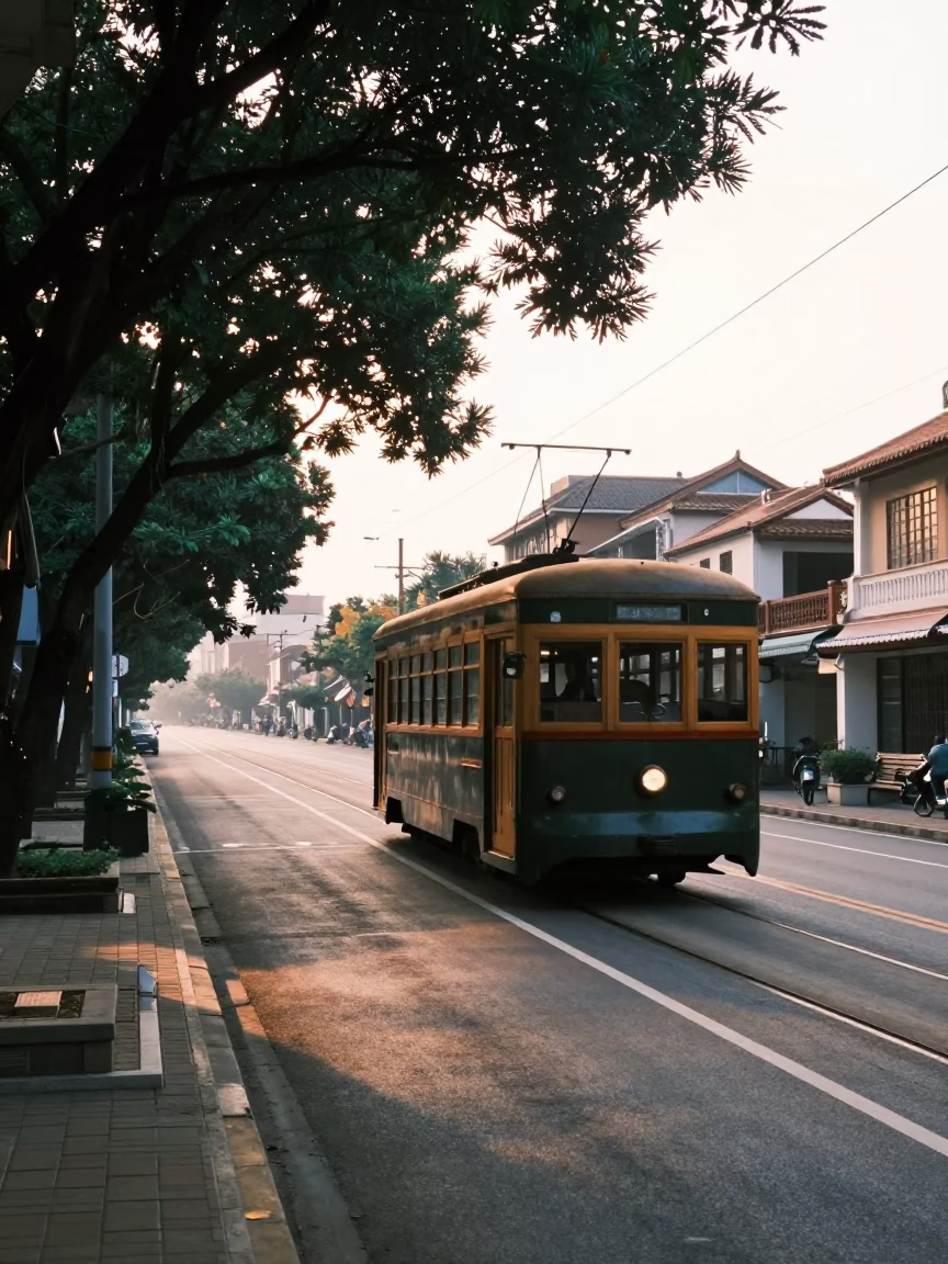 Morning Commute in Kaohsiung Taiwan Tramcar Passing Tree Lined Boulevard After Sunrise in in Kaohsiung, Taiwan