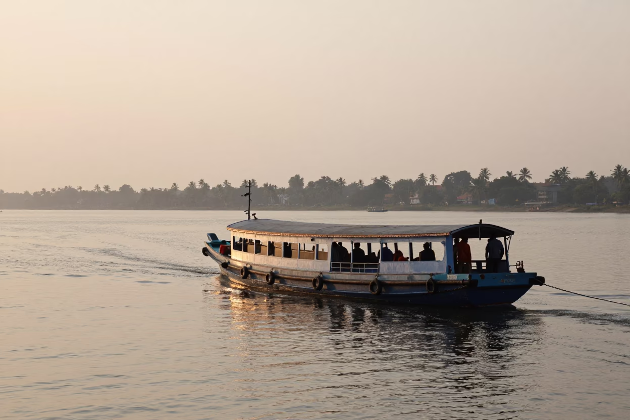 Morning Commute in Kochi India Chain Ferry Crossing Backwaters at Sunrise in in Kochi, India
