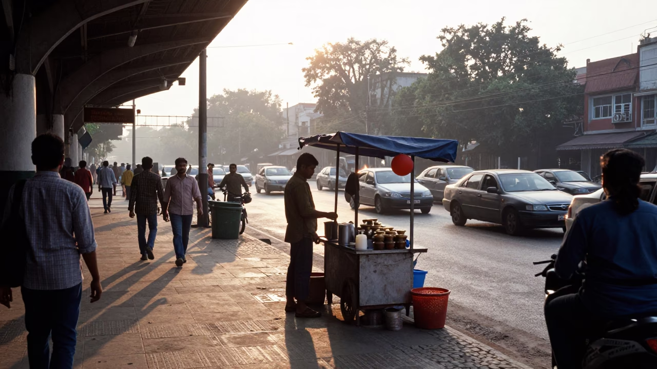 Morning Commute in Kolkata India Near Metro Station with Tea Stall and Magazine Rack in in Kolkata, India