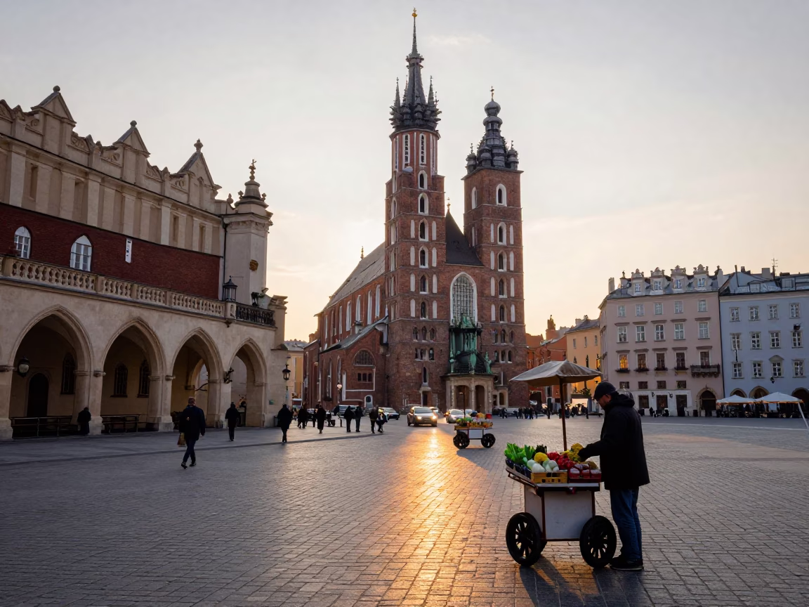 Morning Commute in Krakow at Nautical Dawn Light in in Krakow, Poland