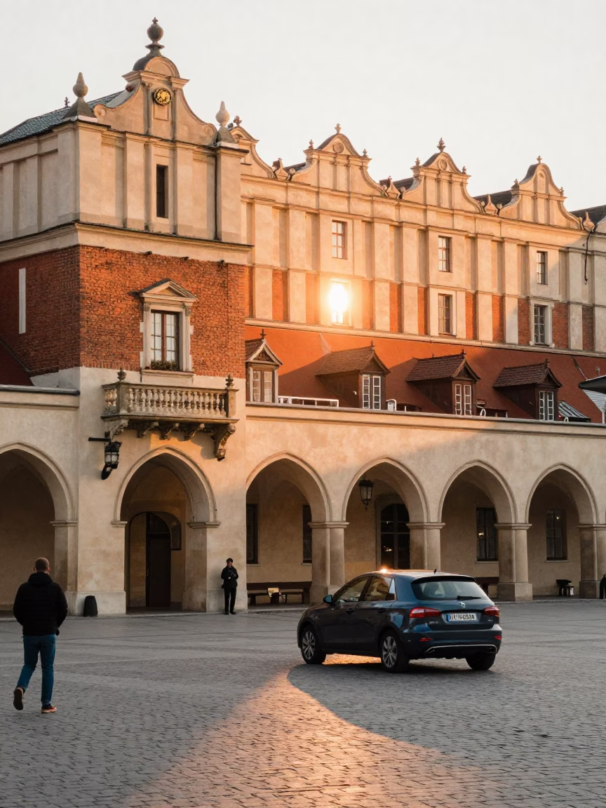 Morning Commute in Krakow Poland Near Main Market Square with Orange Seller in in Krakow, Poland