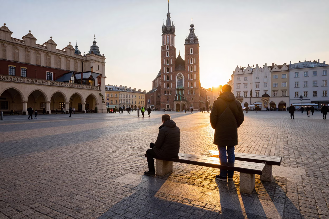 Morning Commute in Krakow Poland with Water Rings on Bench and Brass Details in in Krakow, Poland