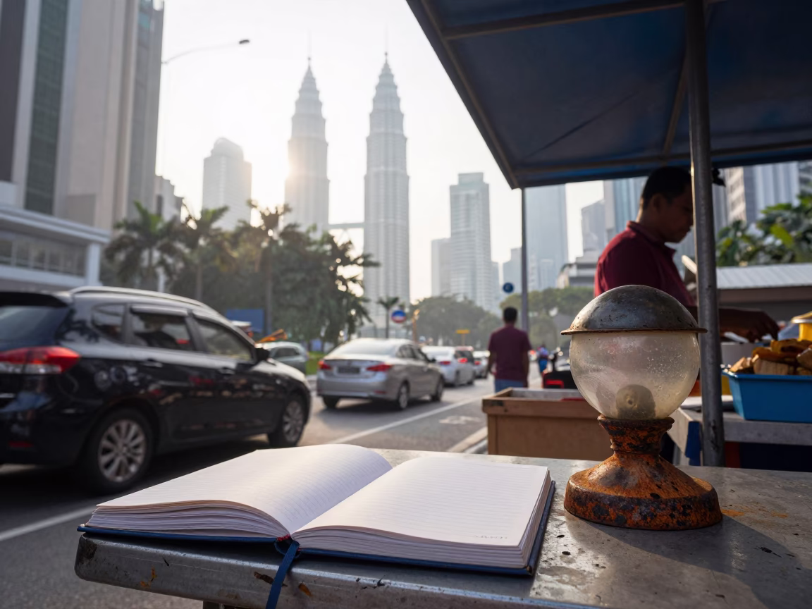 Morning Commute in Kuala Lumpur Malaysia with Notebook and Rusty Lamp Base in in Kuala Lumpur, Malaysia