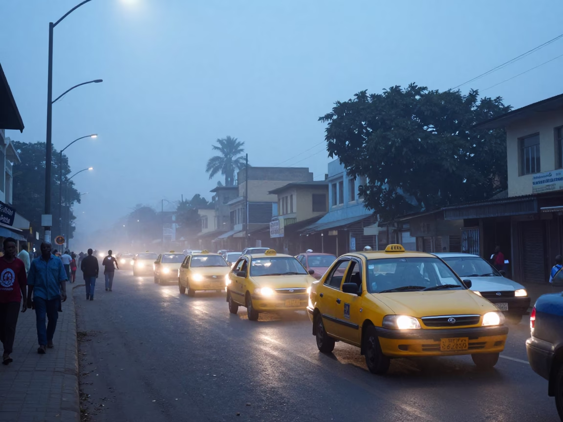 Morning Commute in Nairobi Kenya First Light Dawn Street Scene with Yellow Taxi in in Nairobi, Kenya