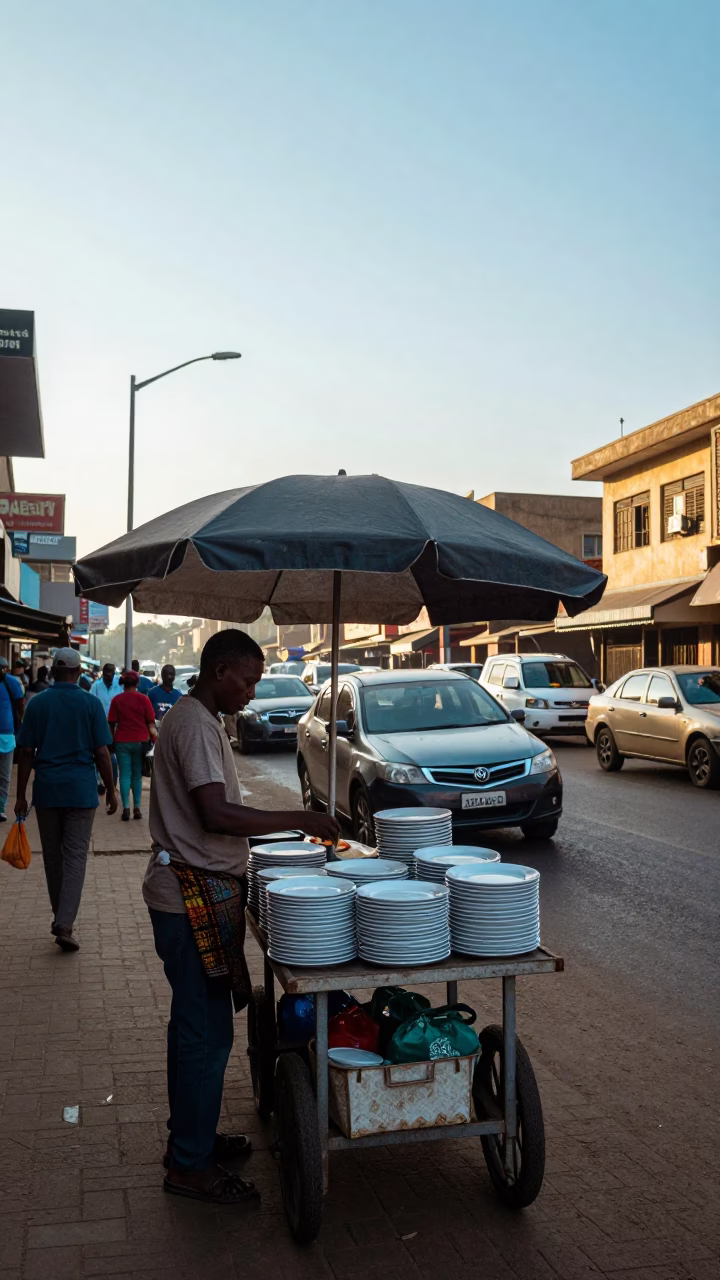 Morning Commute in Nairobi Kenya Street Scene with Umbrella Stand and Plate in in Nairobi, Kenya