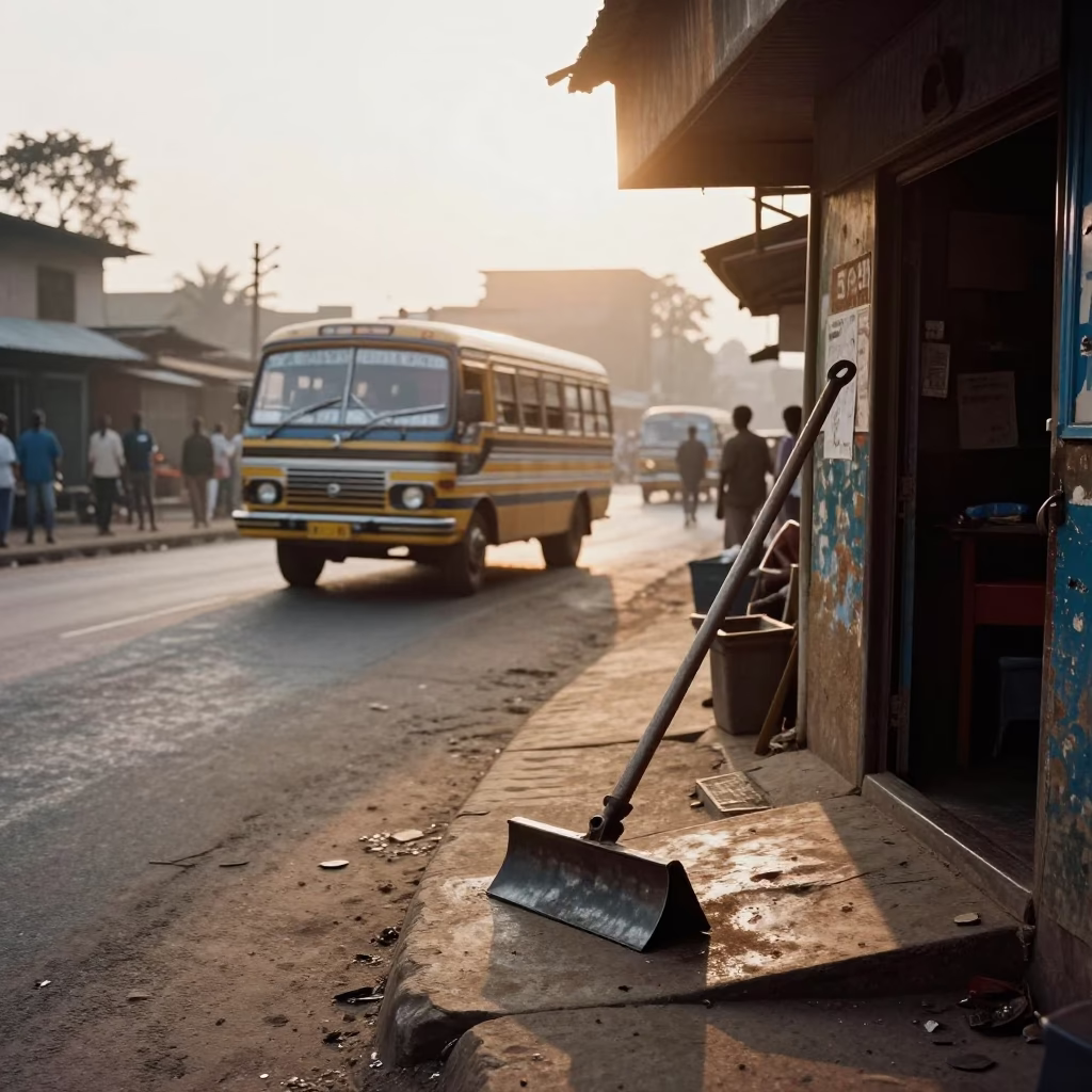Morning Commute in Nairobi Kenya with Matatu Bus and Boot Scraper at Entrance in in Nairobi, Kenya