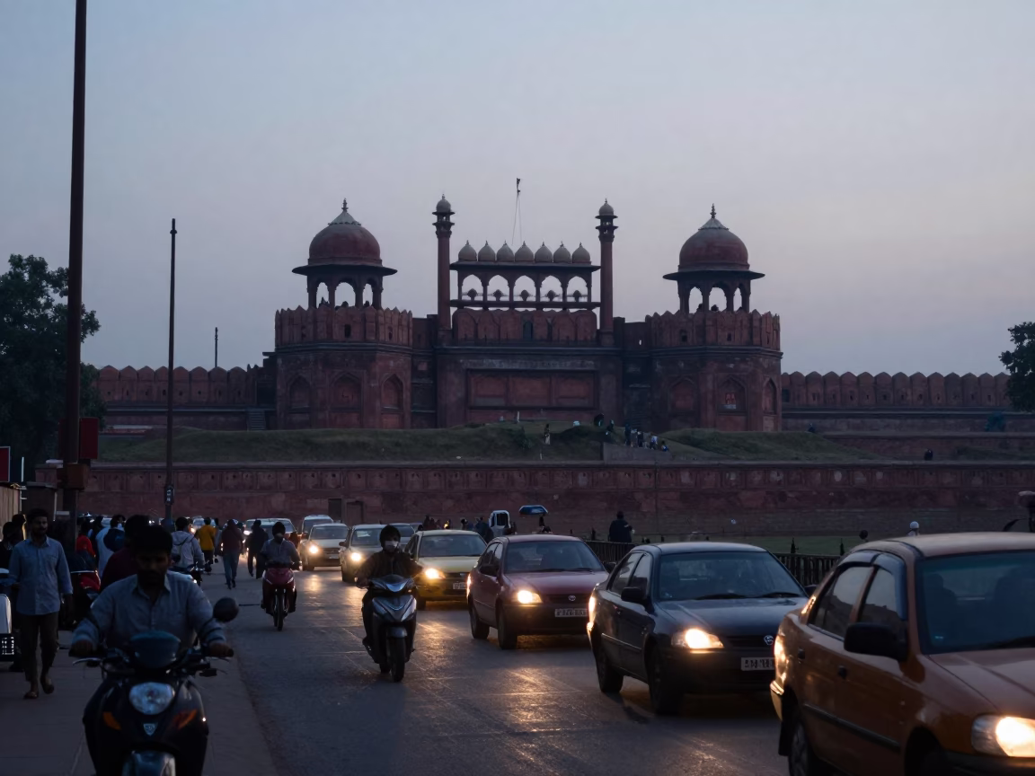 Morning Commute in Old Delhi India Near Red Fort at Nautical Dawn in in Delhi, India