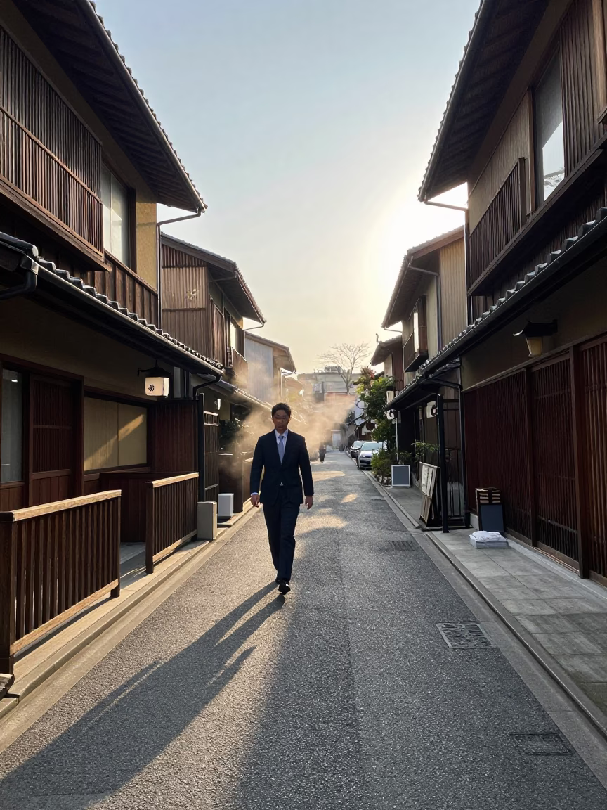 Morning Commute in Osaka Japan with Steam Rising from Cup and Scarf in in Osaka, Japan