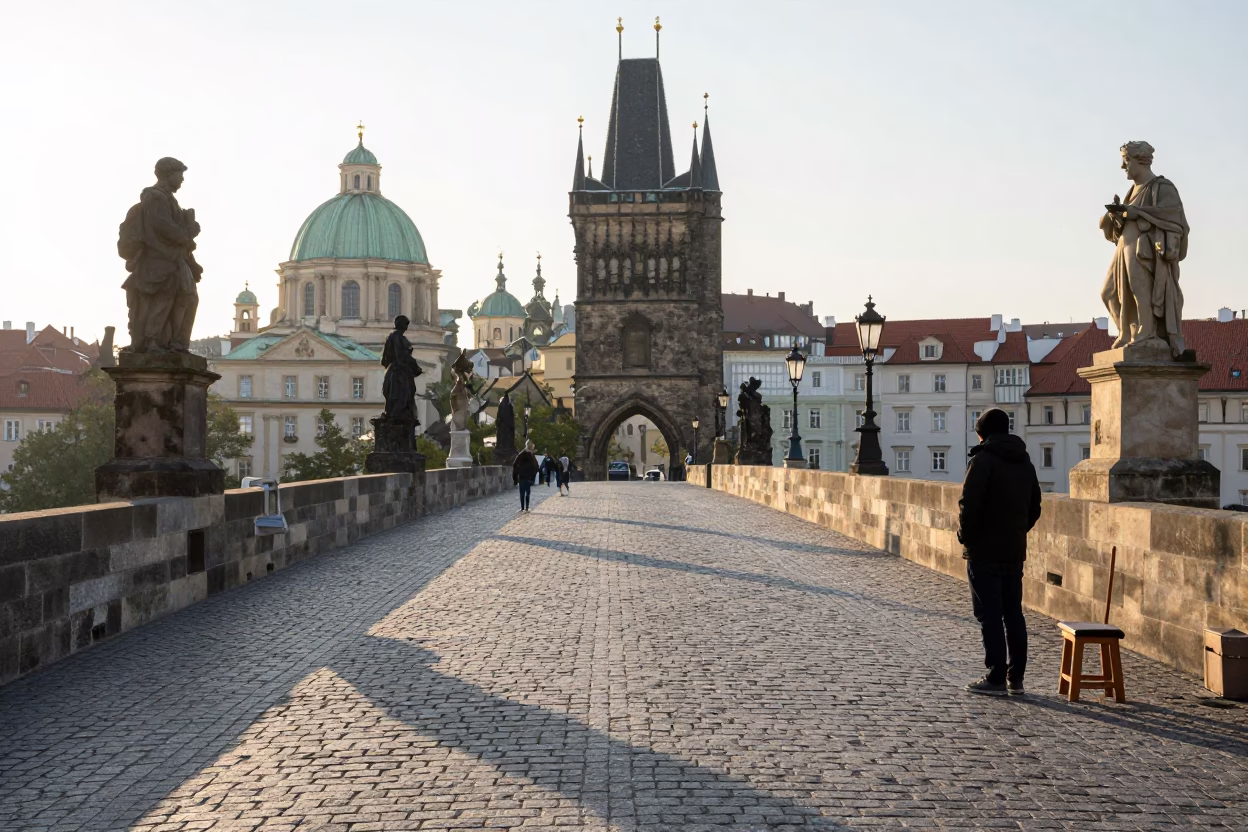 Morning Commute in Prague Near Charles Bridge with Stool and Border Collie in in Prague, Czech Republic
