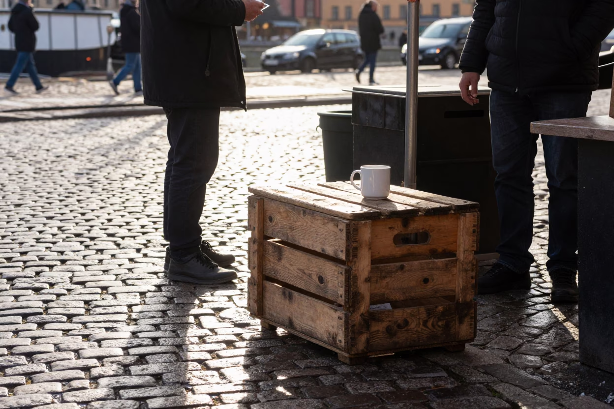 Morning Commute in Stockholm Sweden with Wooden Crate and Coffee Mug at Dockside in in Stockholm, Sweden