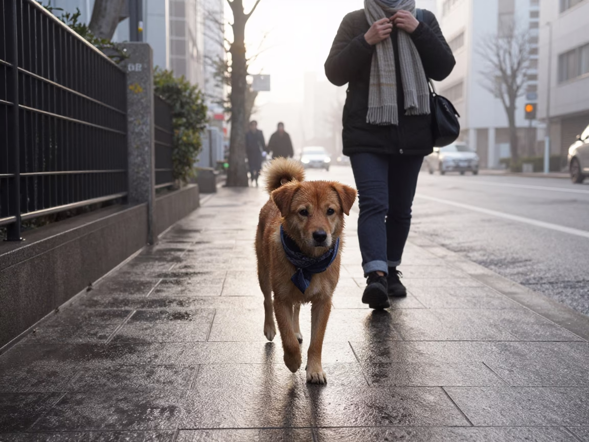 Morning Commute in Tokyo Street with Brown Dog and Scarf in in Tokyo, Japan