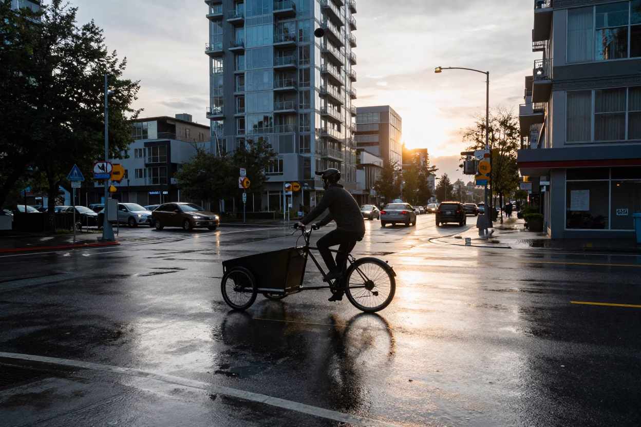 Morning Commute in Vancouver at As First Light Reaches The Scene in in Vancouver, British Columbia, Canada