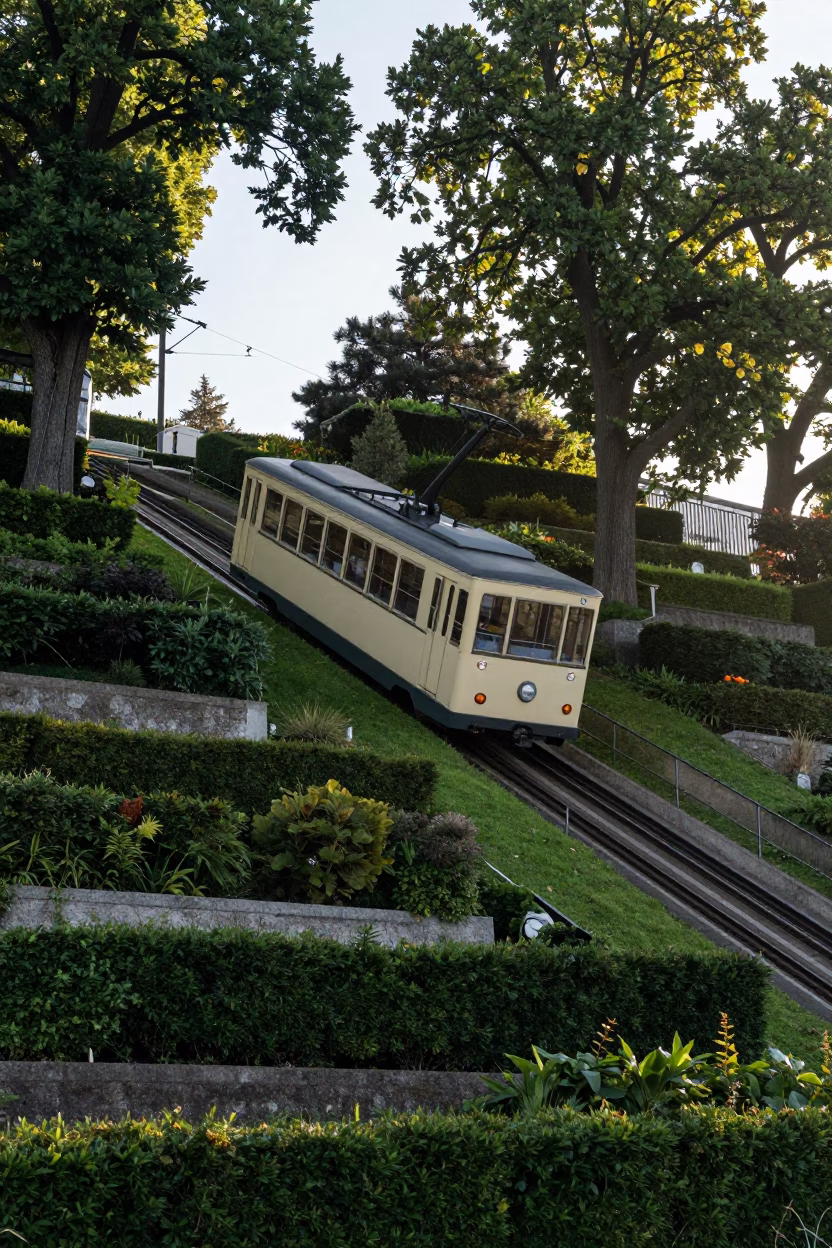 Morning Commute in Vienna Austria Funicular Railway Steep Terraced Gardens Sunrise Light in in Vienna, Austria