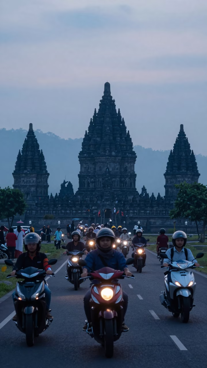 Morning Commute in Yogyakarta Indonesia at Nautical Dawn with Motorcycles in in Yogyakarta, Indonesia