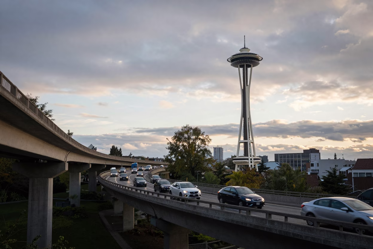 Morning Commute just after sunrise in Seattle in in Seattle, Washington, United States