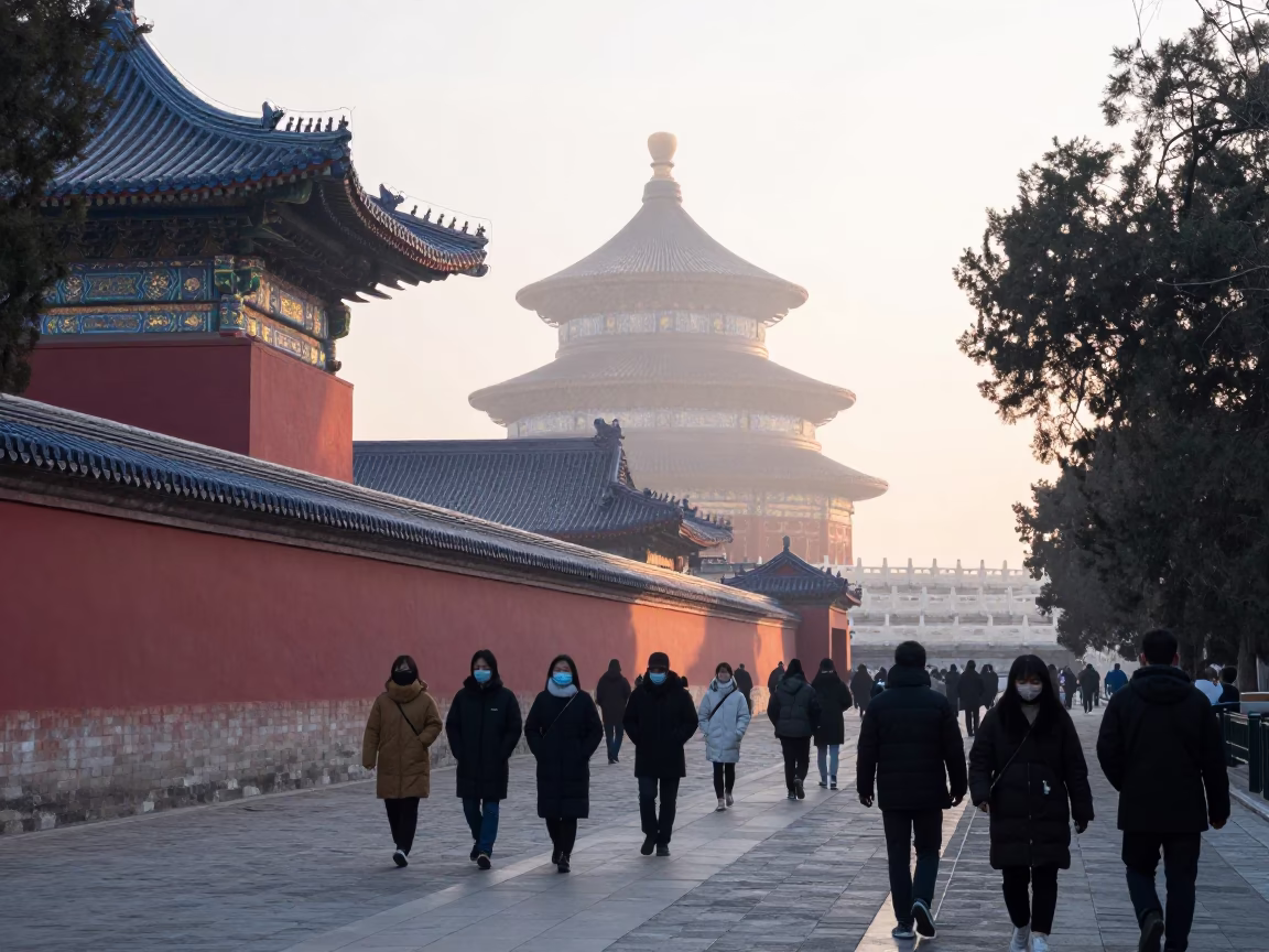 Morning Commute Near Temple of Heaven Beijing China Dawn Street Life in in Beijing, China