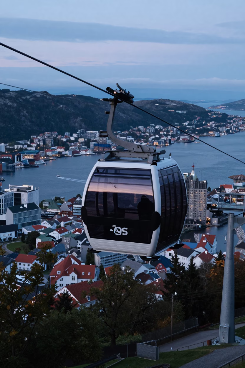 Morning Commute on Bergen Cable Car with City Views Before Sunrise in in Bergen, Norway