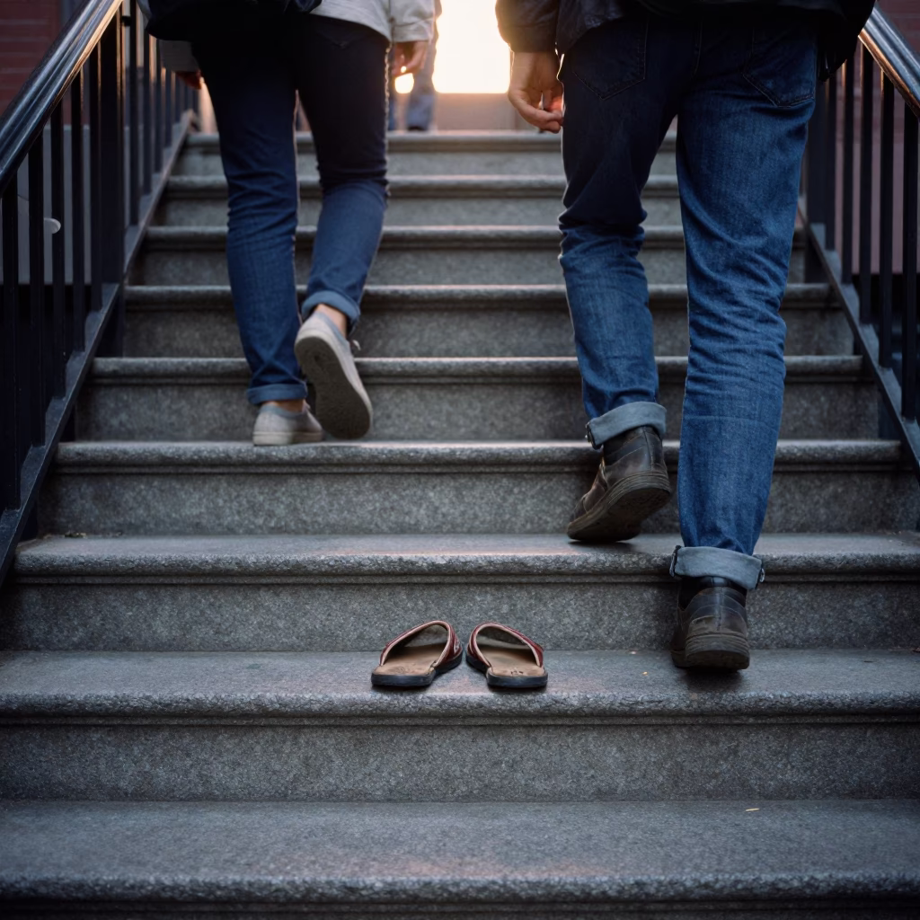 Morning Commute on Boston School Staircase with Scuffed Shoes and City Light in in Boston, Massachusetts, United States