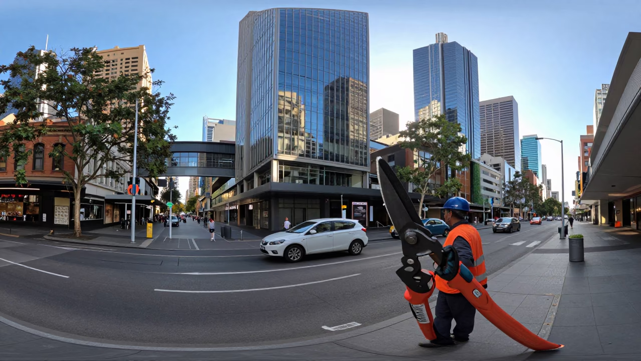 Morning Commute on Bourke Street Mall Melbourne with Pruning Shears and Coffee in in Melbourne, Victoria, Australia