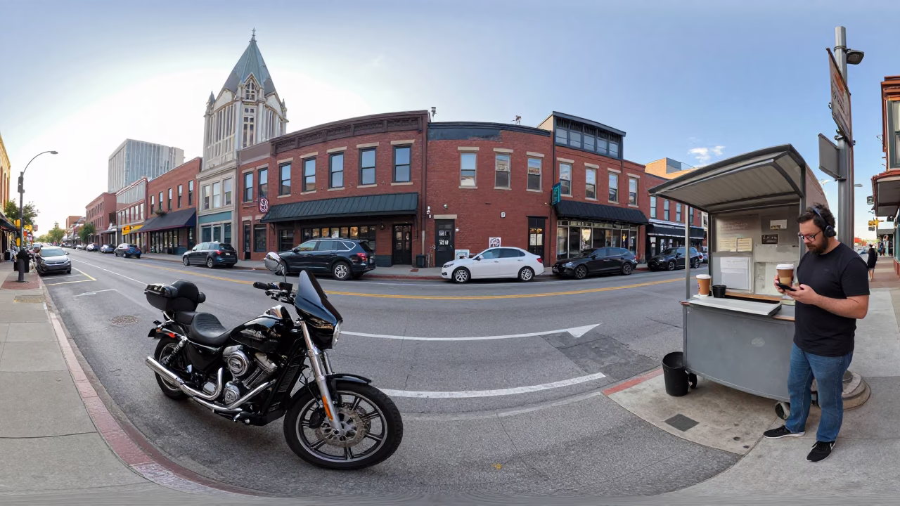 Morning Commute on Broadway Nashville Tennessee with Motorcycle and Coffee Shop in in Nashville, Tennessee, United States