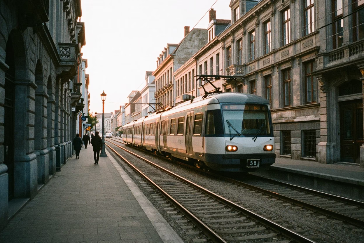 Morning Commute on Brussels Monorail Line 50 Over Senne River at First Light in in Brussels, Belgium