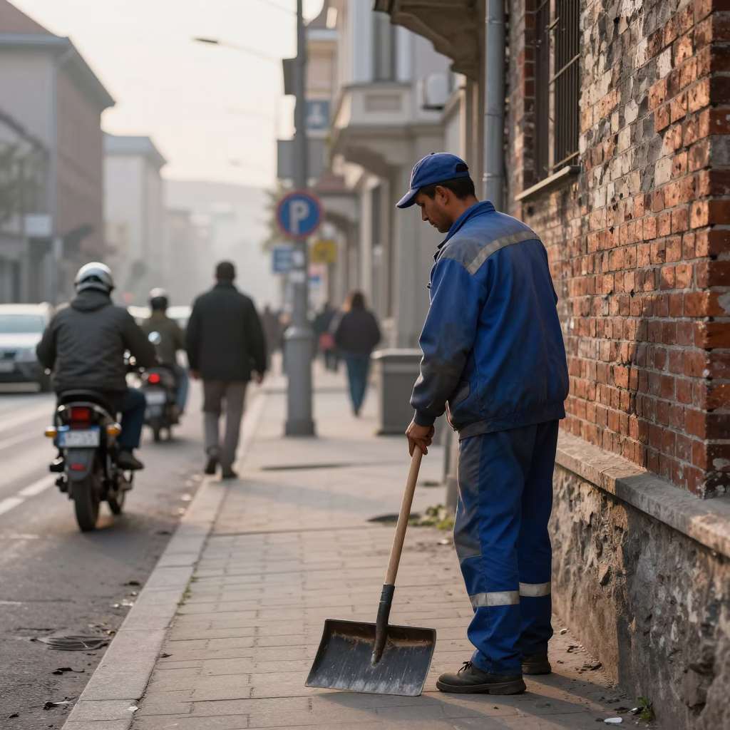 Morning Commute on Budapest Street with Ash Shovel and Urban Details in in Budapest, Hungary