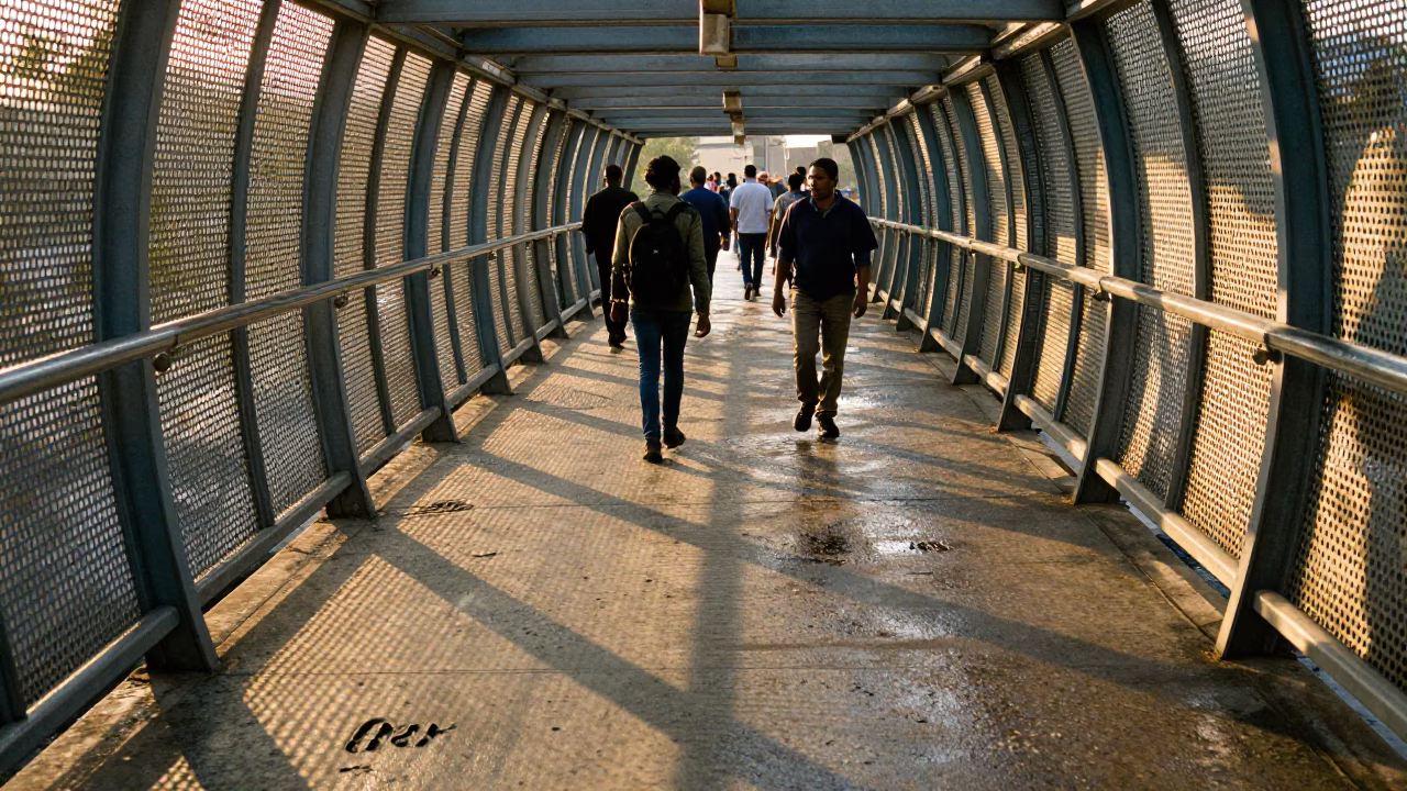 Morning Commute on Johannesburg Pedestrian Overpass with Perforated Metal and Wet Footsteps in in Johannesburg, South Africa