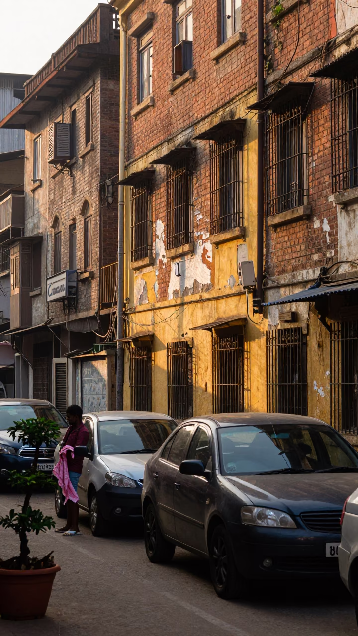 Morning Commute on Kolkata Street with Handkerchief and Bonsai Tree in in Kolkata, India