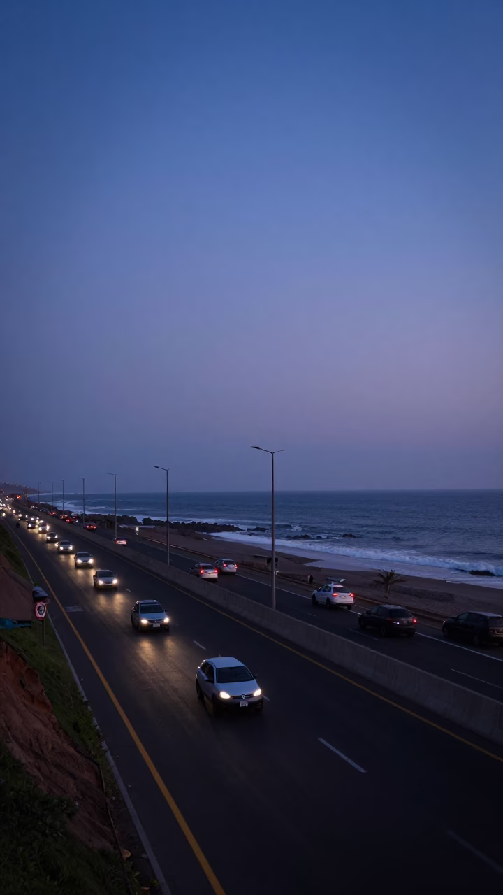 Morning Commute on Lima's Coastal Highway at Nautical Dawn in in Lima, Peru