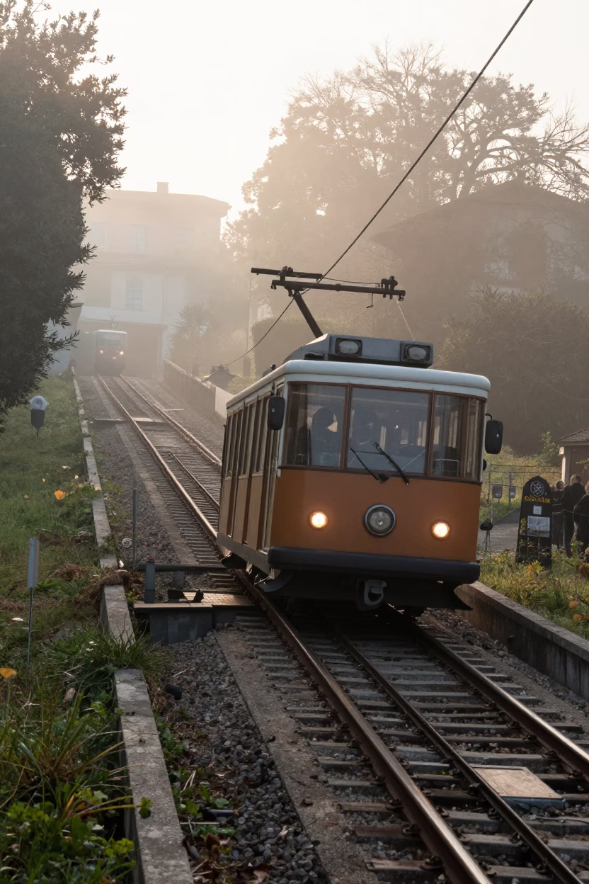 Morning Commute on Milan Funicular Climbing Brera Hill After Sunrise in in Milan, Italy