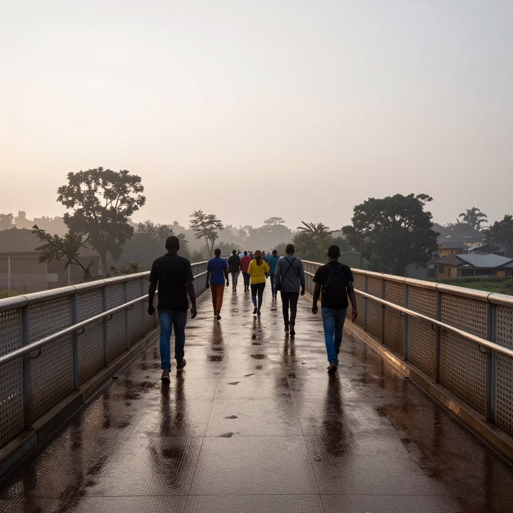 Morning Commute on Nairobi Pedestrian Overpass with Wet Footsteps and Perforated Metal Railings in in Nairobi, Kenya