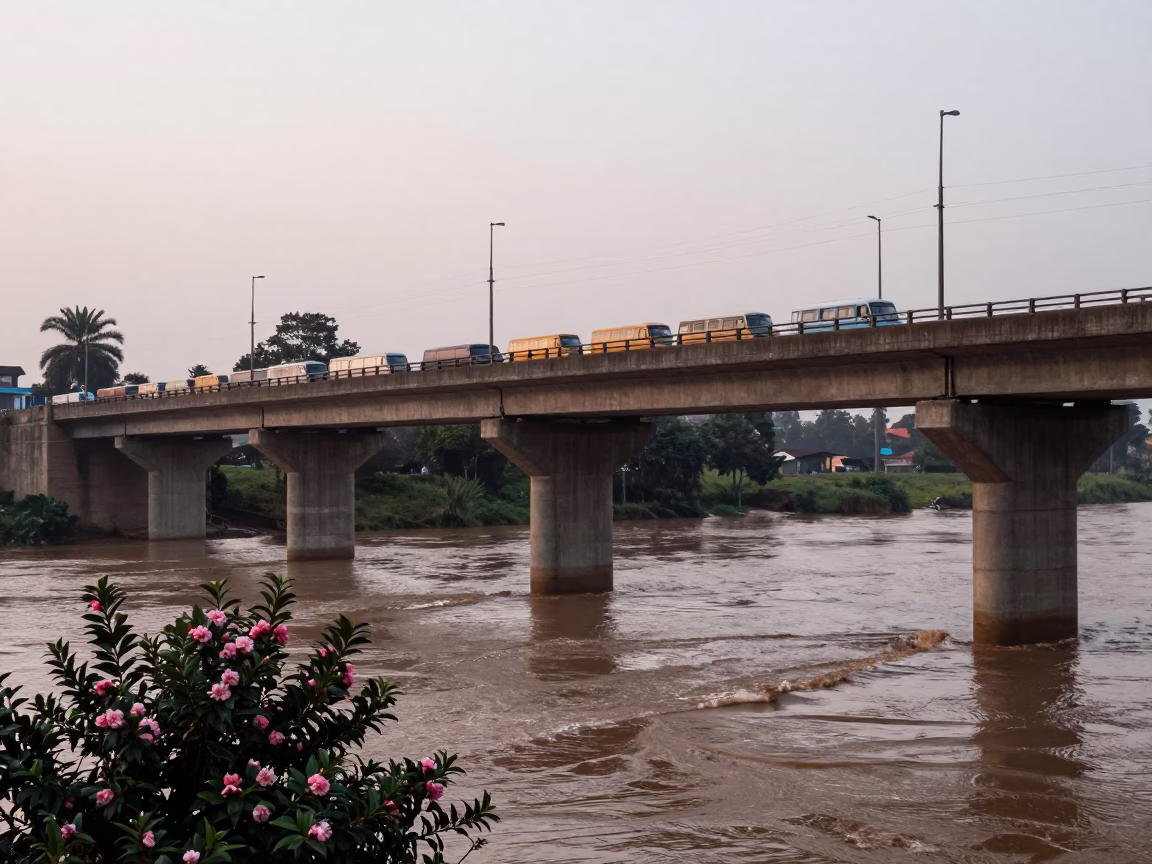 Morning Commute on Nairobi Thika Road Bridge with Camellia and Work Stool in in Nairobi, Kenya
