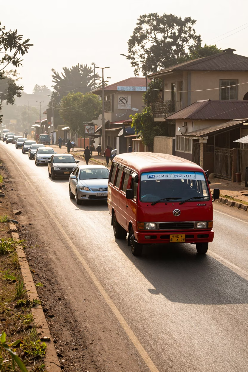 Morning Commute on Nairobi Thika Road with Red Matatu and Urban Traffic in in Nairobi, Kenya