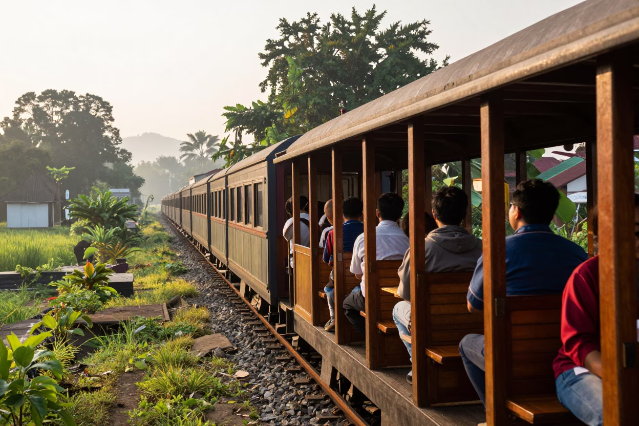 Morning Commute on Narrow Gauge Train in Yogyakarta Indonesia Early Sunrise in in Yogyakarta, Indonesia
