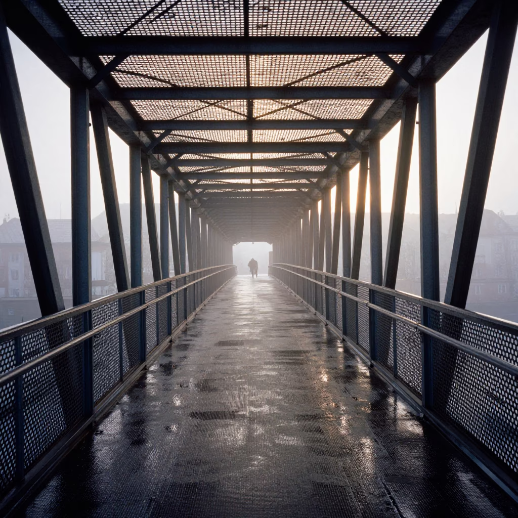 Morning Commute on Perforated Metal Overpass in Prague with Wet Footsteps and City Architecture in in Prague, Czech Republic