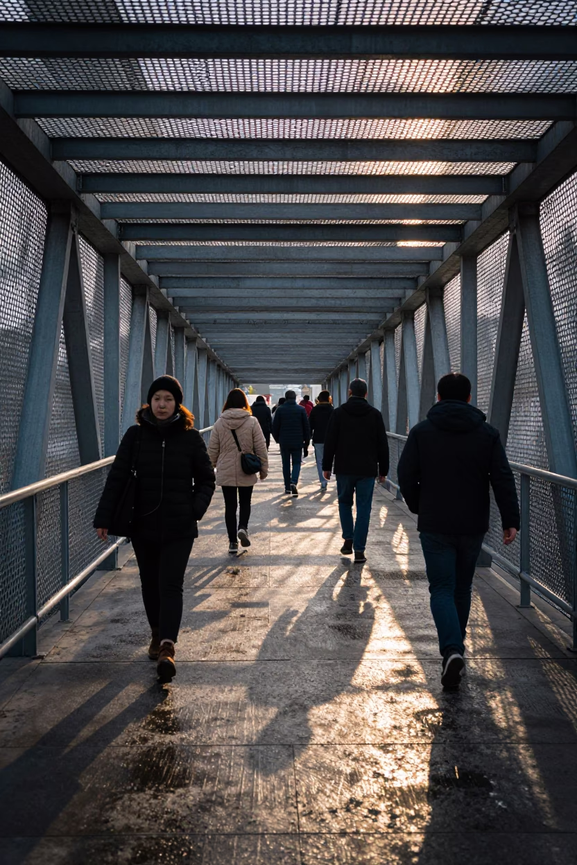 Morning Commute on Perforated Metal Pedestrian Overpass in Toronto Ontario Canada in in Toronto, Ontario, Canada