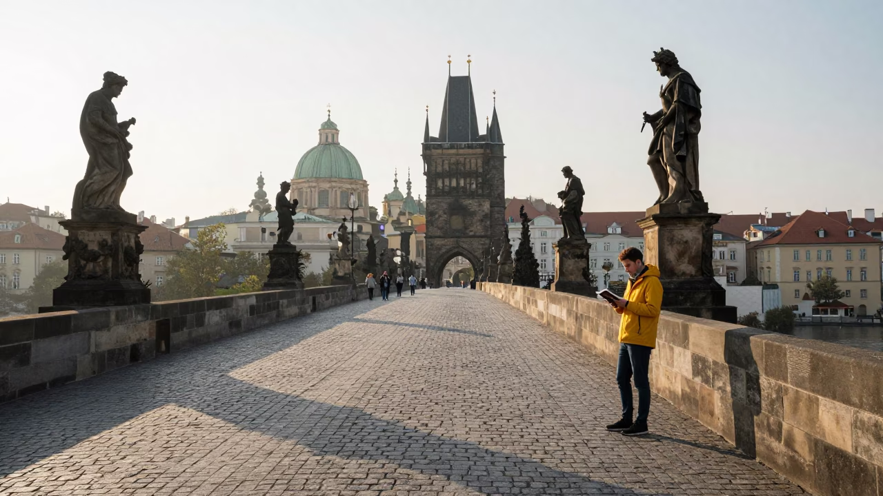Morning Commute on Prague Charles Bridge with Traveler Reading Map Near Gothic Stone Towers in in Prague, Czech Republic