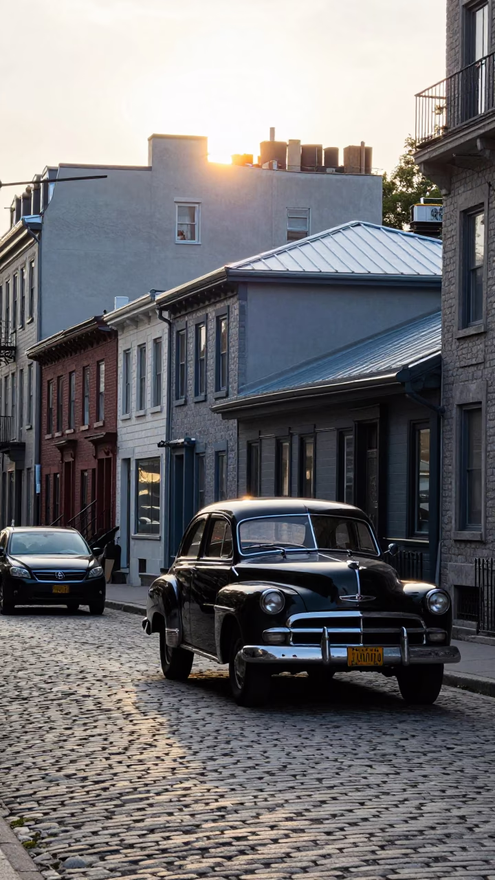 Morning Commute on Saint-Denis Street Montreal with Vintage Car and Steam in in Montreal, Quebec, Canada
