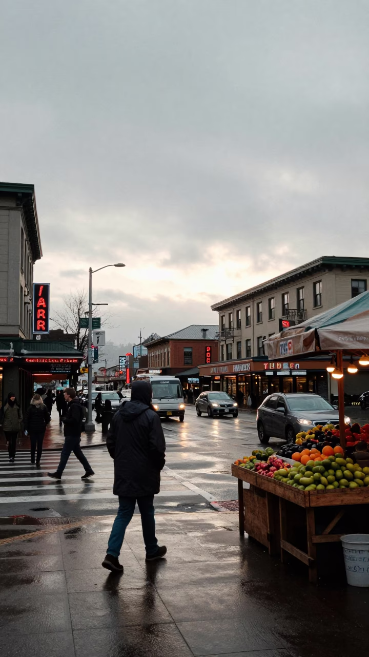 Morning Commute on Seattle Streets Near Pike Place Market with Umbrellas and Coffee in in Seattle, Washington, United States