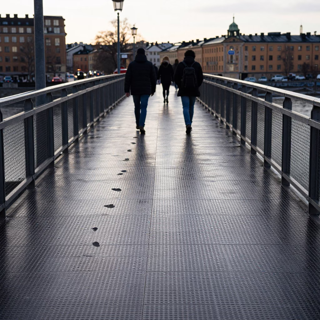 Morning Commute on Stockholm Pedestrian Overpass with Wet Footsteps and City Skyline in in Stockholm, Sweden