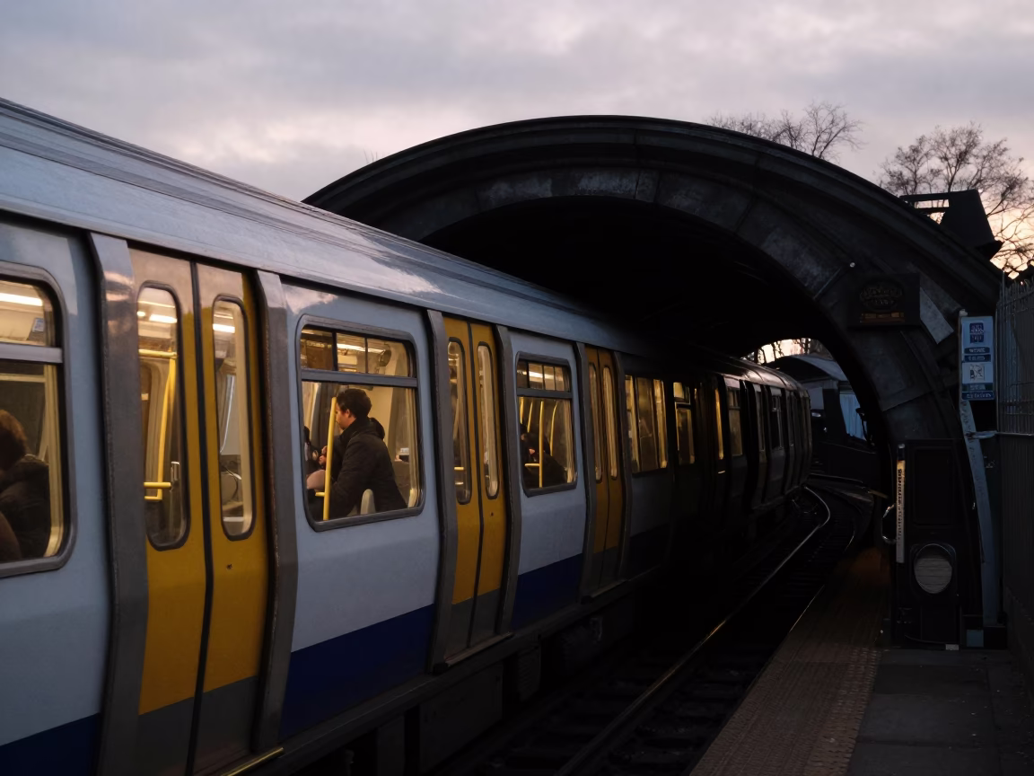 Morning Commute on the London Underground at Dawn with Commuter Holding Coffee Cup in in London, United Kingdom