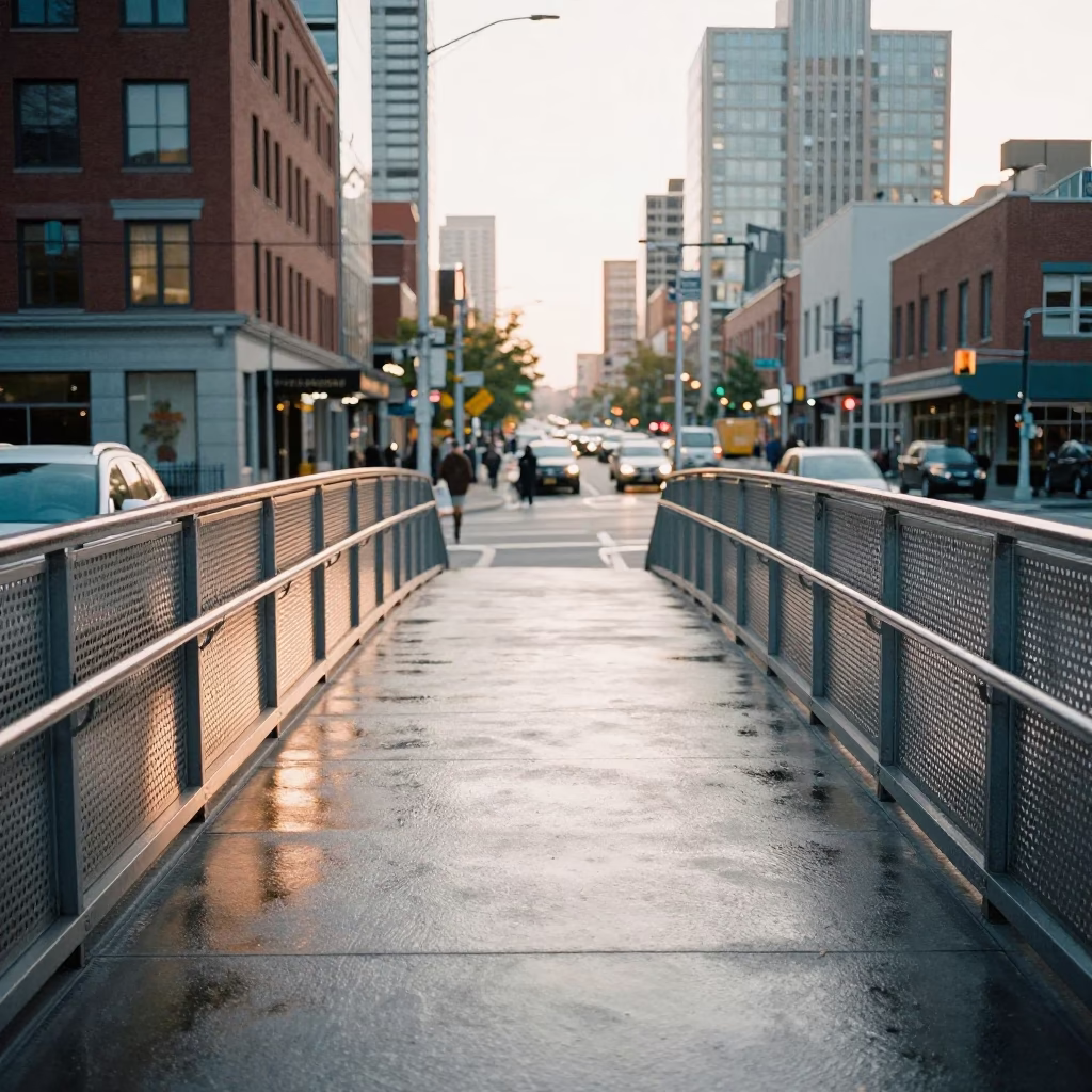 Morning Commute on Toronto Pedestrian Overpass with Perforated Metal and Wet Footsteps in in Toronto, Ontario, Canada