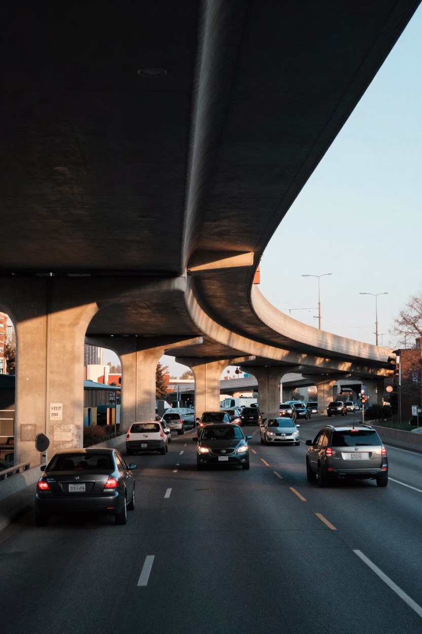 Morning commute on Toronto's Gardiner Expressway with flyover underside and traffic shadows in in Toronto, Ontario, Canada