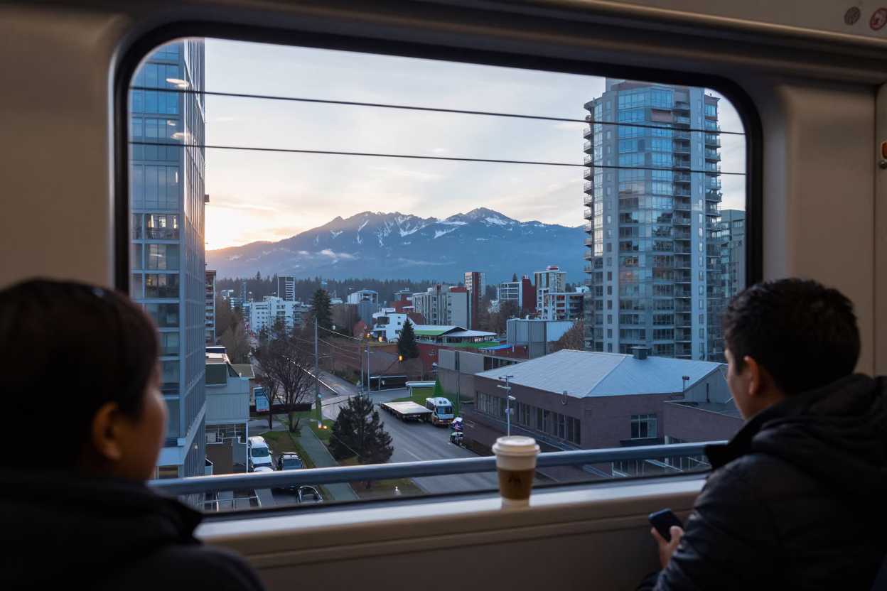 Morning Commute on Vancouver Skytrain with Cityscape and Coffee Cup View in in Vancouver, British Columbia, Canada