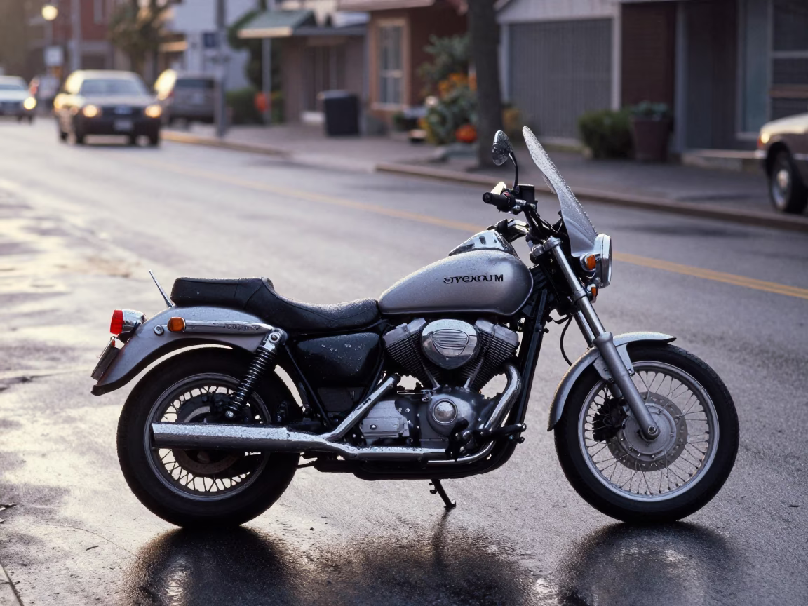 Morning Commute on Vancouver Street with Motorcycle and Dewy Clover Near Sunrise in in Vancouver, British Columbia, Canada