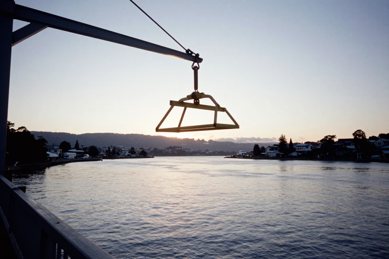 Morning Commute on Wellington Bridge with Maintenance Cradle and River View in in Wellington, New Zealand