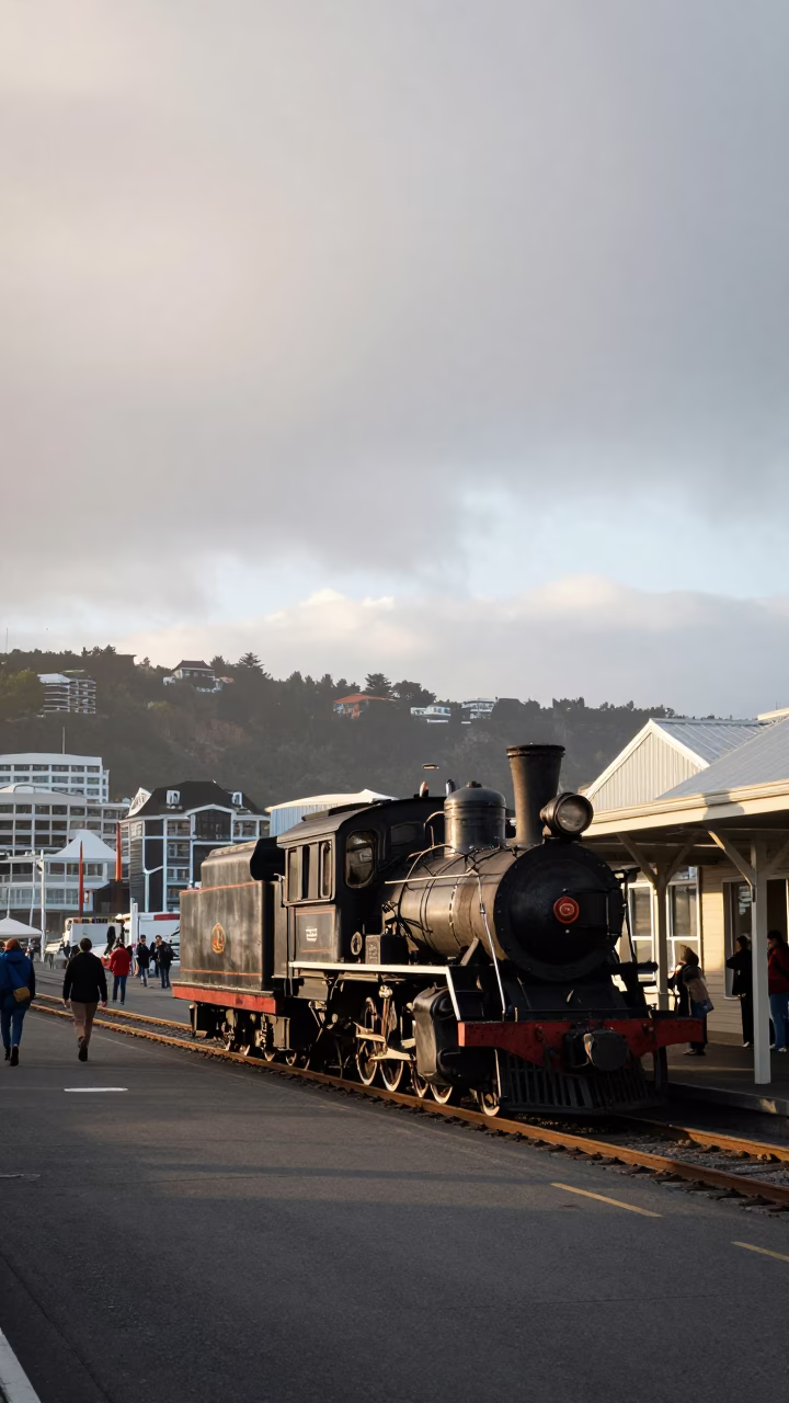Morning Commute on Wellington Quay with Heritage Locomotive and Lichen in in Wellington, New Zealand