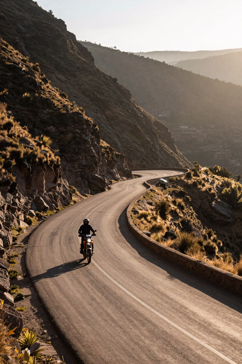 Morning Commute on Winding Mountain Roads in La Paz Bolivia with Motorcycle in in La Paz, Bolivia