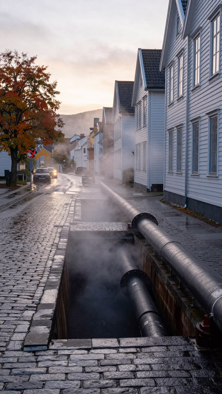 Morning Commute Past District Heating Pipes and Autumn Leaves in Bergen Norway in in Bergen, Norway
